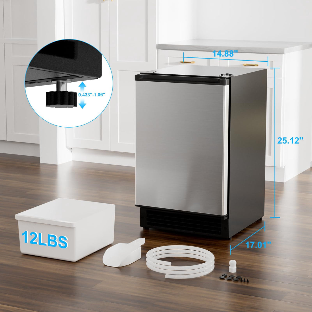 RIOXC 15" W Under Counter Ice Maker No Drain Required Stainless Steel Freestanding & Built-in Crescent Ice Machine, 12LBS Storage for RV, Marine & Home, ETL