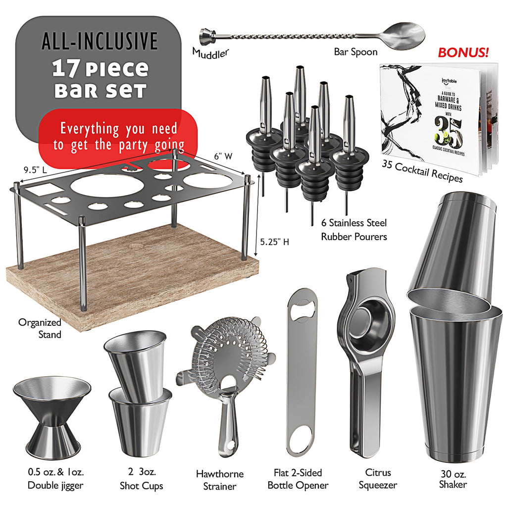 JoyTable 16pc Bartender Cocktail Shaker Set, Stainless Steel Bartender Kit Bar Tool Set, with All Bar Accessories Plus Lemon Squeezer and Great Recipe Book
