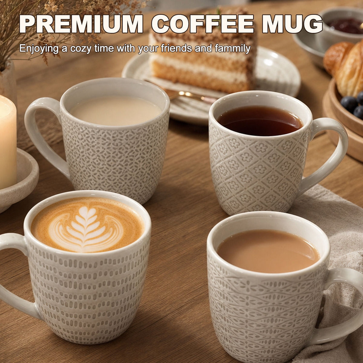 Soulgenix Coffee Mugs Set of 4, 14 Ounce Mug with Handles, Embossed Ceramic Coffee Cups for Coffee, Tea, Hot Cocoa, Milk, Microwave and Dishwasher Safe, Idea Gift for House Warming Gifts, Off White