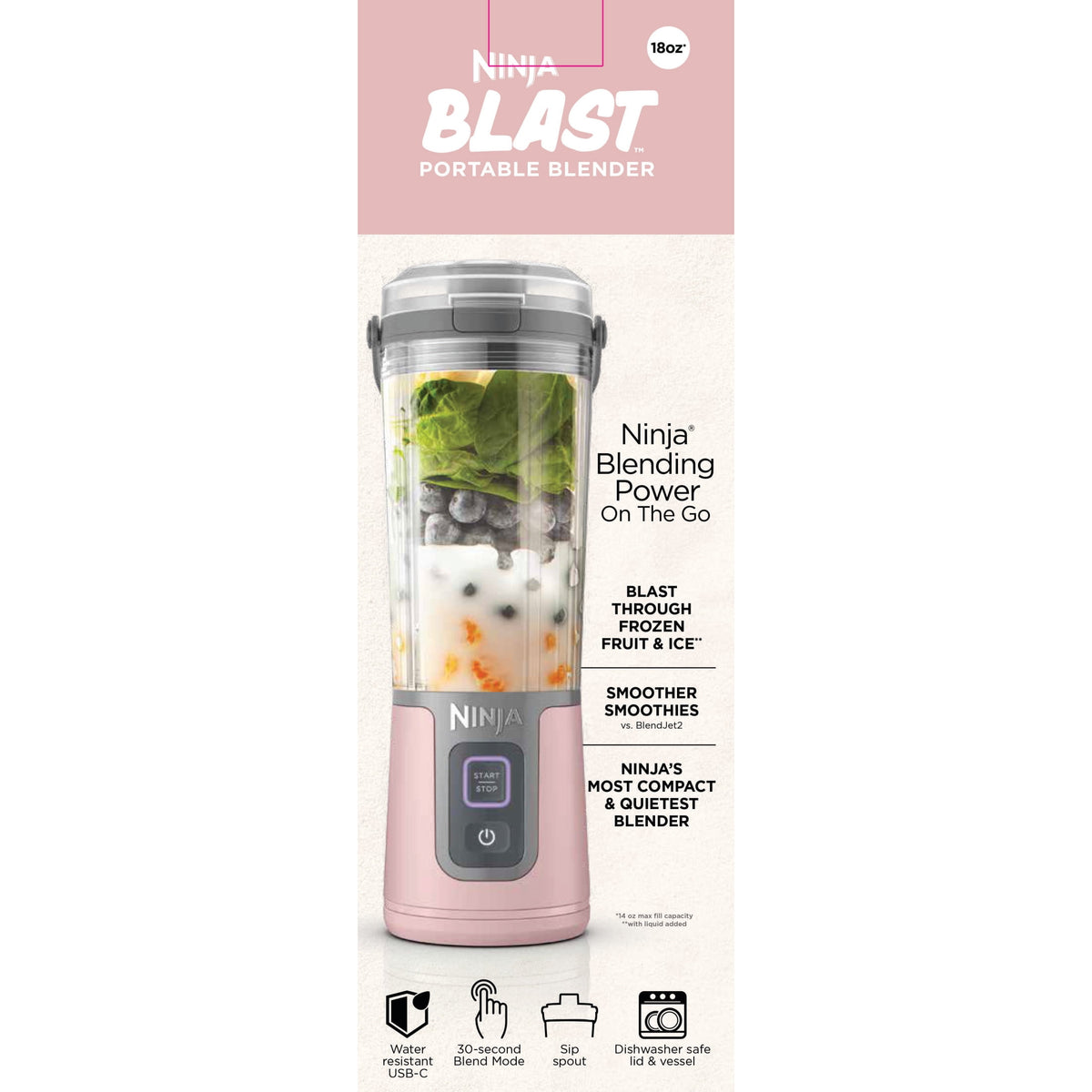 Ninja Blast Portable Personal 18 Oz Blender w/ Leak Proof Lid & Easy Sip Spout, Rechargeable Base, BC150PK Pink