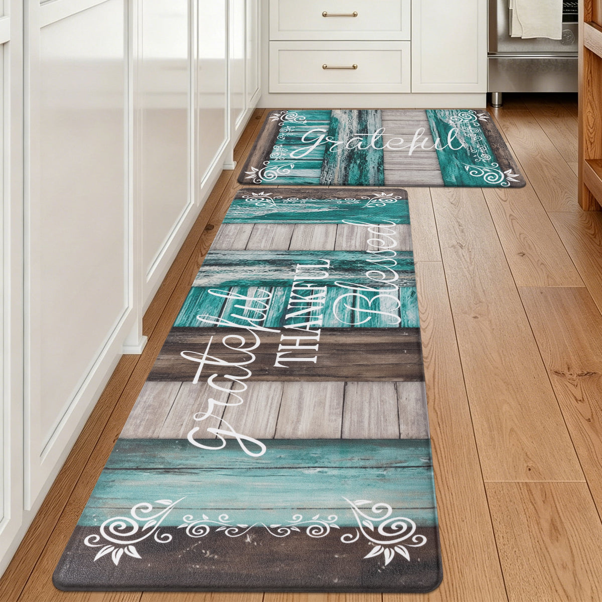 MeyJey Farmhouse Kitchen Rug Set of 2, Non-Slip Anti-Fatigue Waterproof Cushioned Mat for Kitchen, Dining & Laundry Room, 18"x30"+18"x48" Teal/Brown