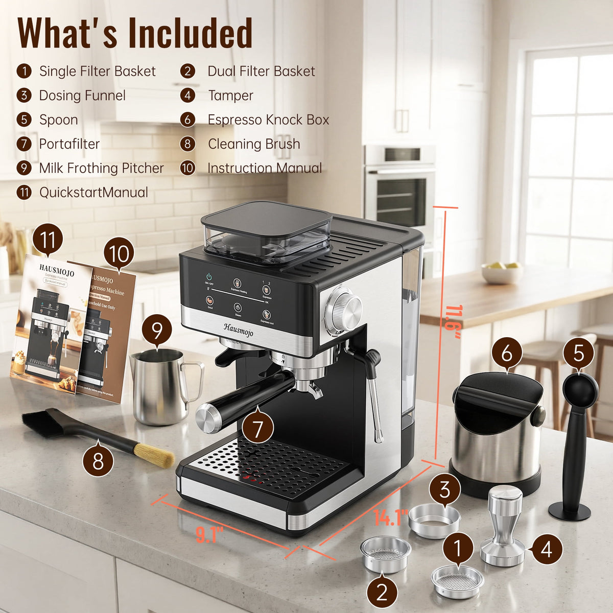 Hausmojo M5520 Espresso Machine with Grinder & Milk Frother , 20 Bar Semi-Automatic Cappuccino Latte Maker for Home