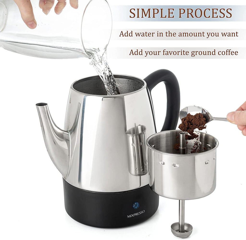 Mixpresso Percolator Coffee Pot Electric 10 Cup, Stainless Steel Coffee Maker, Coffee Percolator Electric With Keep Warm Function, 10 Cups Stainless Steel Perculator With Basket (Shiny Blue)
