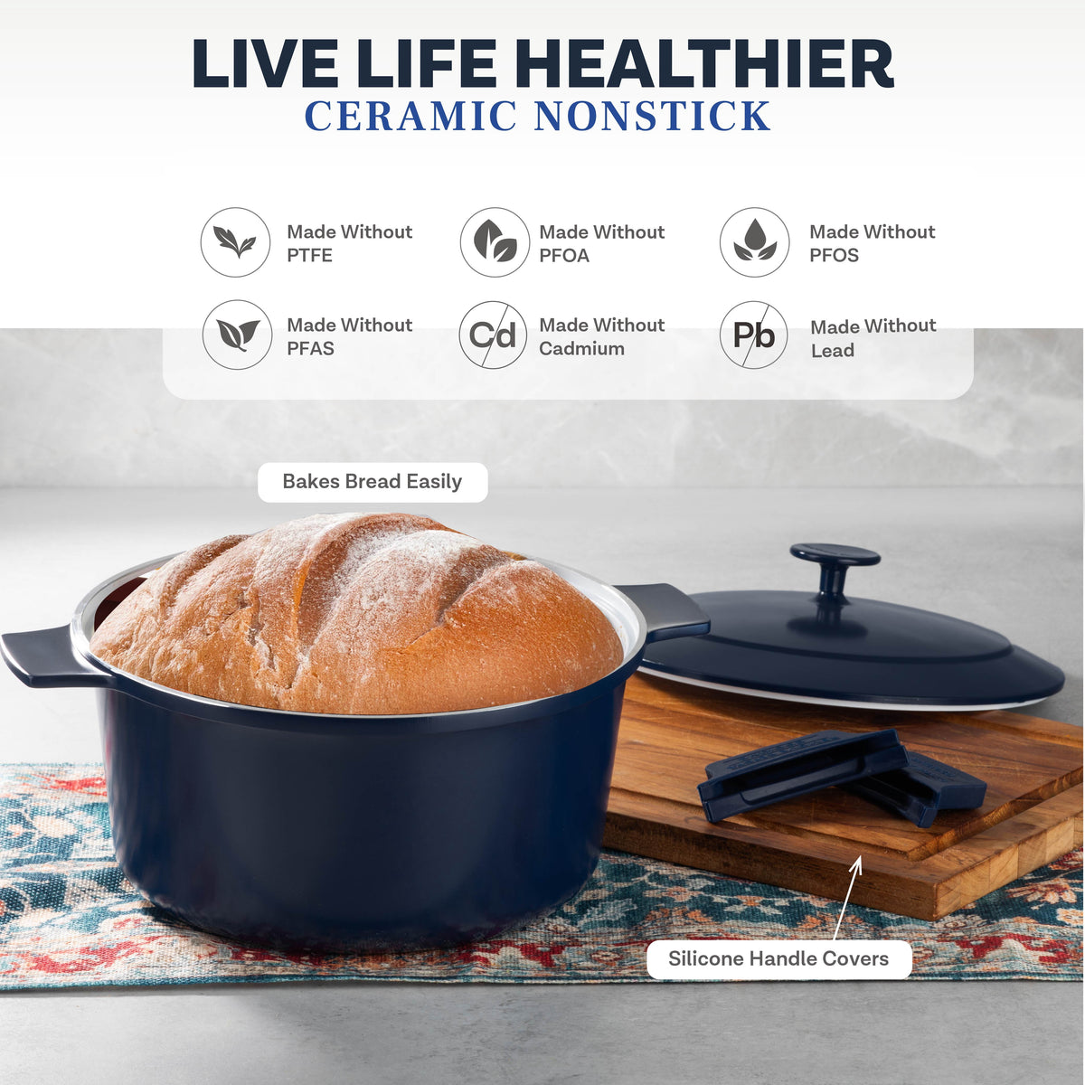 Gotham Steel Ceramic Hammered 5 Qt Lightweight Dutch Oven Pot with Lid & Holders, Oven Safe & Even Heat Retaining Dutch Oven for Bread Baking Sourdough, Soup, 70% Lighter than Cast Iron, Navy