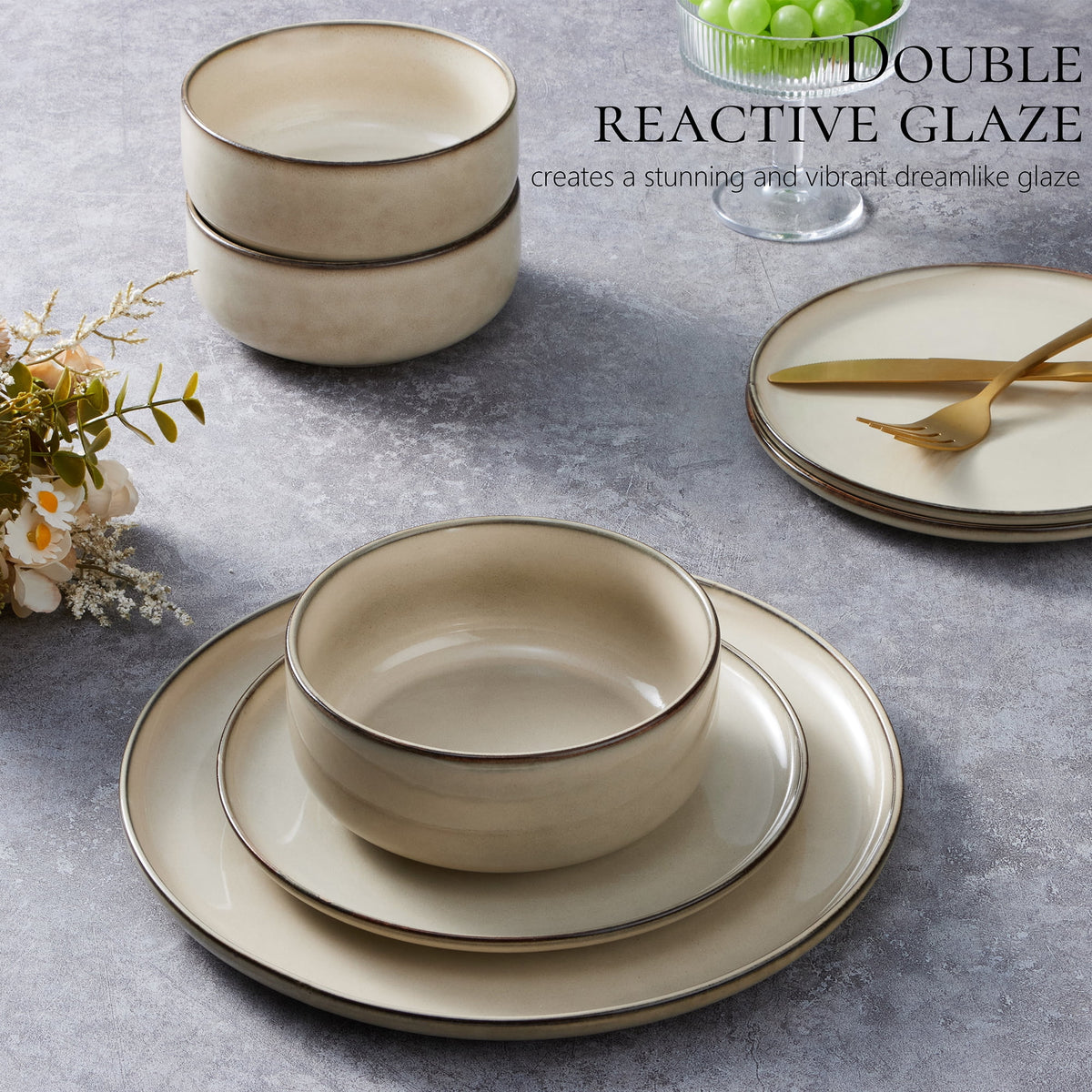 Vesteel Dinnerware Sets for 4, 12-Piece Stoneware Dish and Bowls Set, Handmade Reactive Glaze Coupe Plates Set for Family, Chip & Scratch Resistant - Matte Black