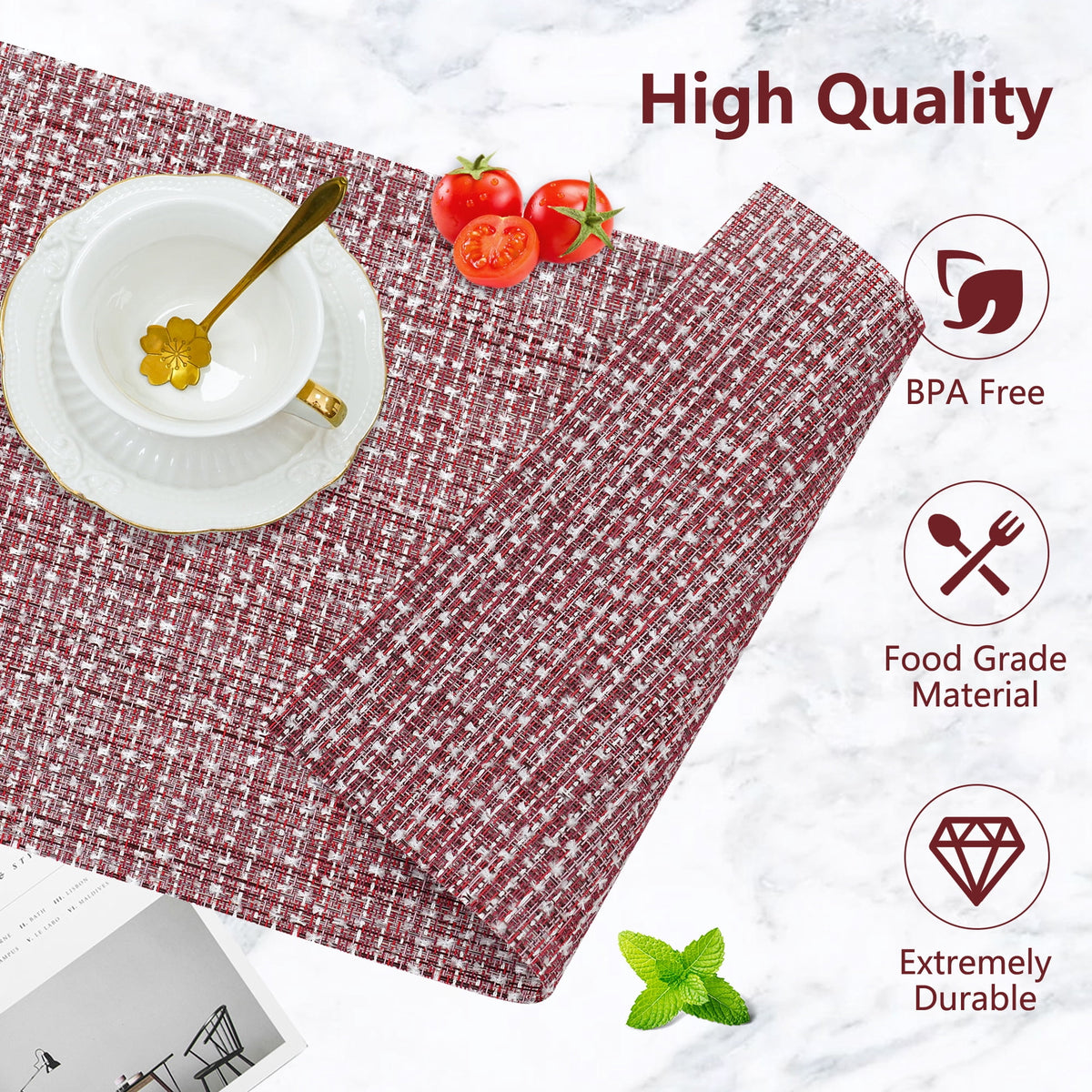 VCVCOO Navy Blue Placemats Set of 4 - Easy Clean Washable PVC Vinyl Placemats - Wipeable Heat Resistant Woven Table Mats for Dining Table - 12x18 inch