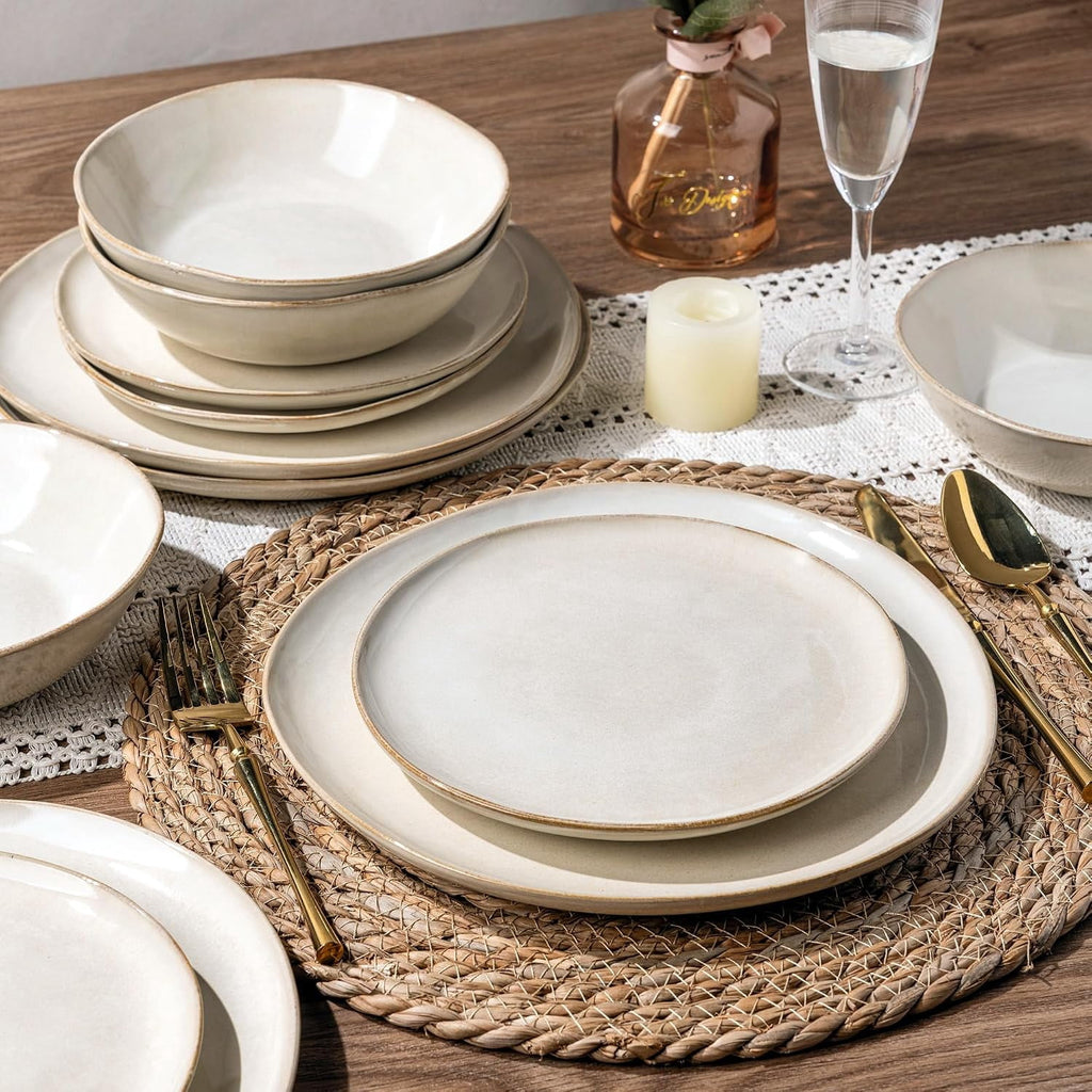 AmorArc Ceramic Dinnerware Sets,Handmade Reactive Glaze Stoneware Plates and Bowls Sets,Highly Chip and Crack Resistant | Dishwasher & Microwave Safe Dishes Set,Service for 4 Set(12pc),Reactive Glaze