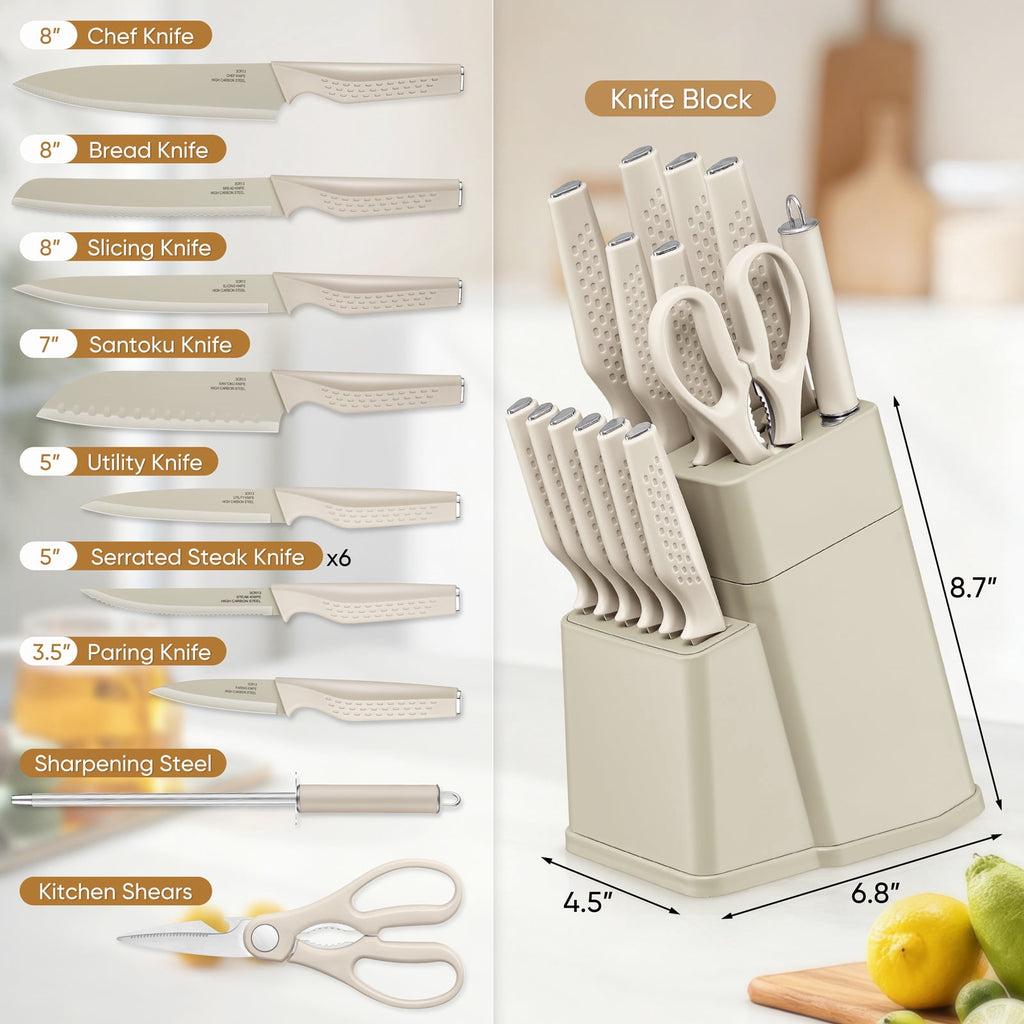 Vesteel Knife Block Set for Kitchen, 15-Piece High Carbon Stainless Steel Knives Set with Ergonomic Handle, Ultra-sharp & Rust Resistant, Walnut Brown