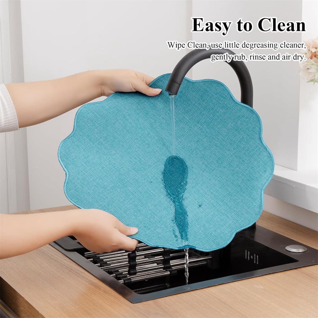 Ileading Scalloped Round Placemats Set of 6 Polyester Linen Blend Washable Non Slip Place Mats Easy Clean Heat Resistant Table Mats for Kitchen Dining Table Decor