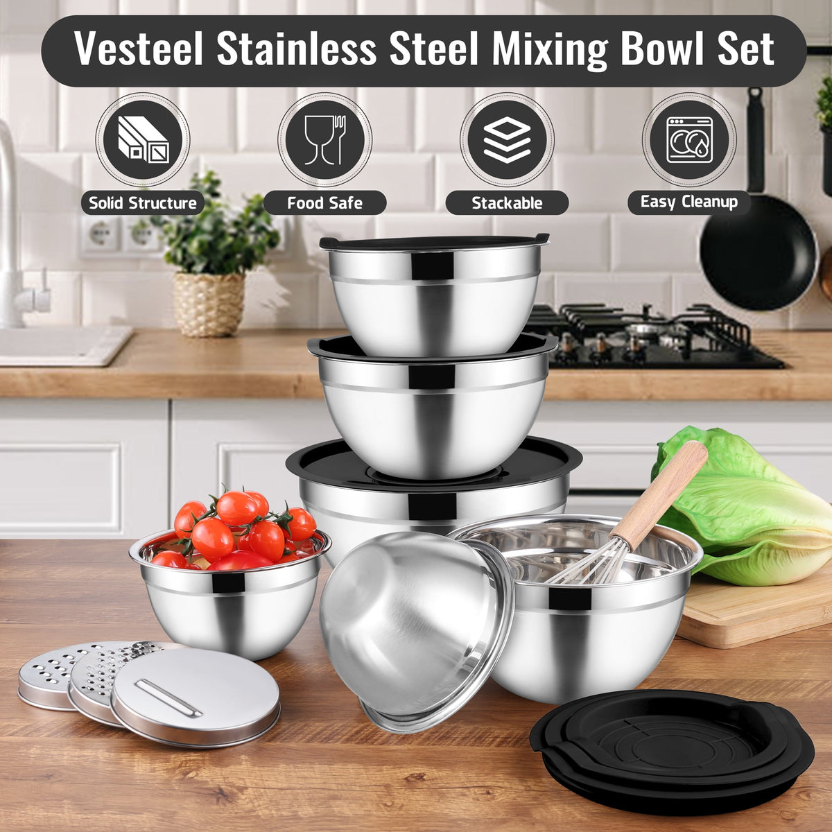 Mixing Bowls with Lids Set of 9, Vesteel Stainless Steel Mixing Bowls Metal Nesting Salad Bowls Attach with 3 Graters for Kitchen Grating/ Shredding, Size 4.6, 2.6, 2, 1.5, 1, 0.7 QT - Multi-Color