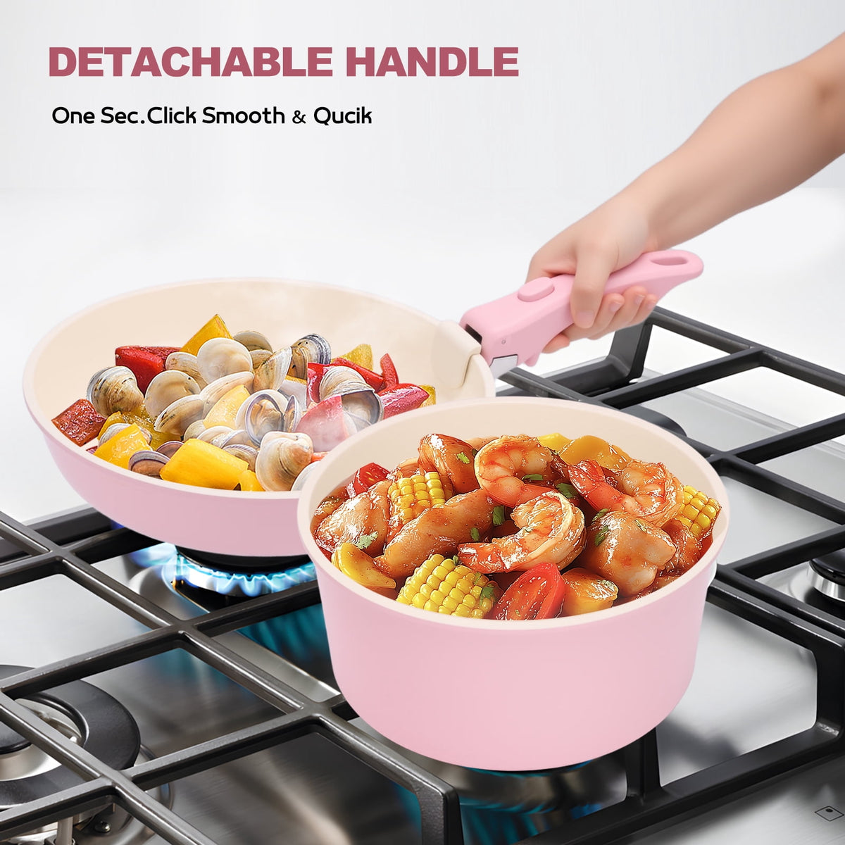 17 Piece Ceramic Pots and Pans Set Non Stick, Cookware Set with Detachable Handle, Oven Safe, Induction Ready, Stackable RV Kitchen Cooking Set Removable Handles, Cream White