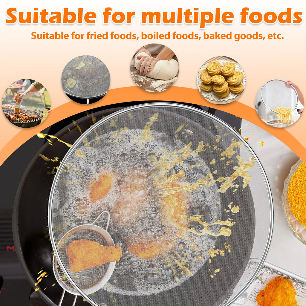 3 Piece Stainless Steel Fine Mesh Splatter Screen Set, 13", 11.4", 9.8" Splatter Screen for Frying Pan, Grease Splatter Guard with Heat-Resistant Handles