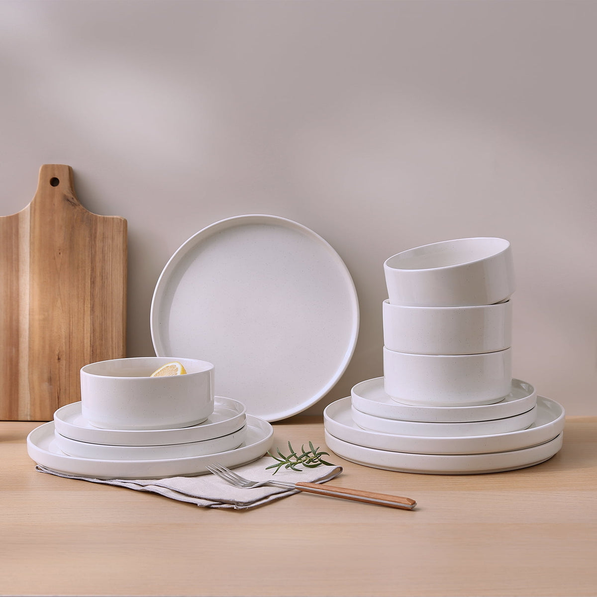 Famiware 12-Piece Stoneware Dinnerware Set with Plates & Bowls for 4, White