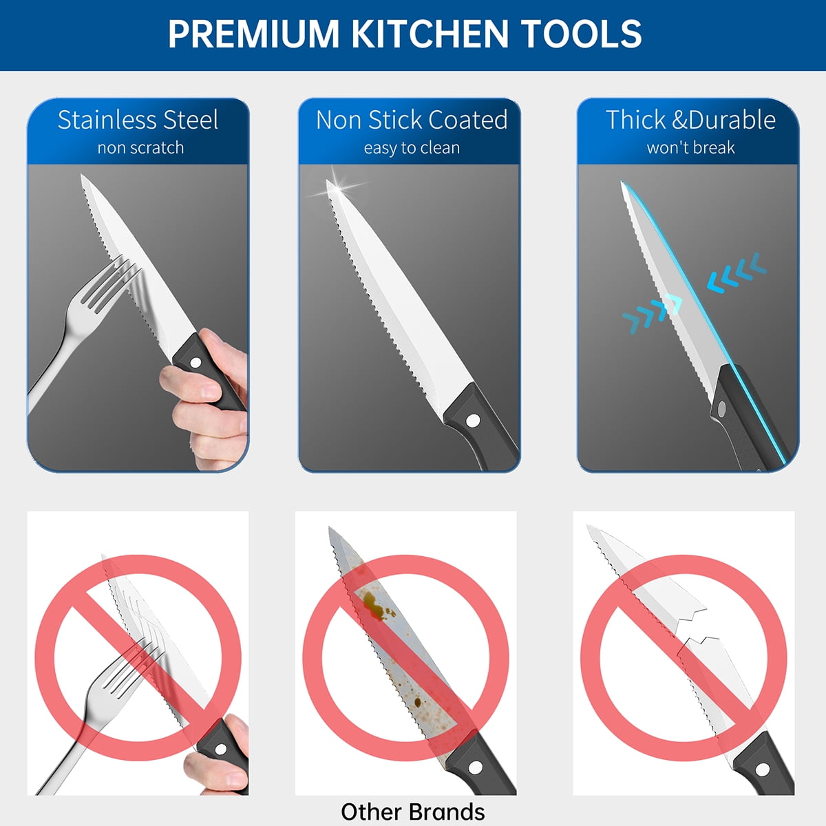 GPED Steak Knives Set of 8, 4.5-inch Serrated Steak Knife Set, Ultra Sharp Stainless Steel Triple Rivet Collection Kitchen Steak Knife Set, Non-Stick & Rust-Resistant Dinner Knives