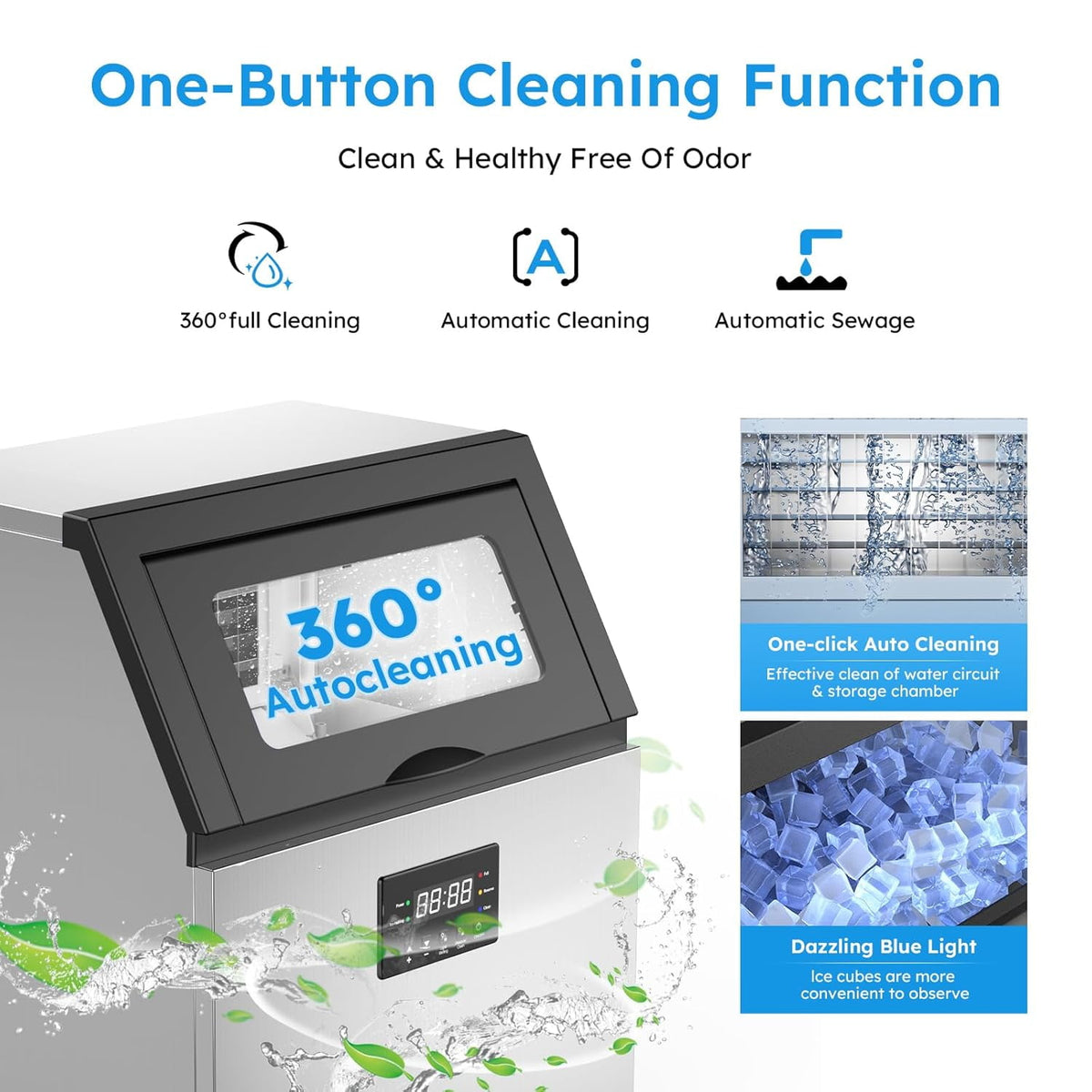 Ecojoy Commercial Ice Maker Machine 200Lbs/24H, 50Lbs Storage Bin, Freestanding & Under Counter Ice Maker | 55 Ice Cubes in 5-15 min | Thicknesses Adjustable | Commercial Ice Machine, Stainless Steel