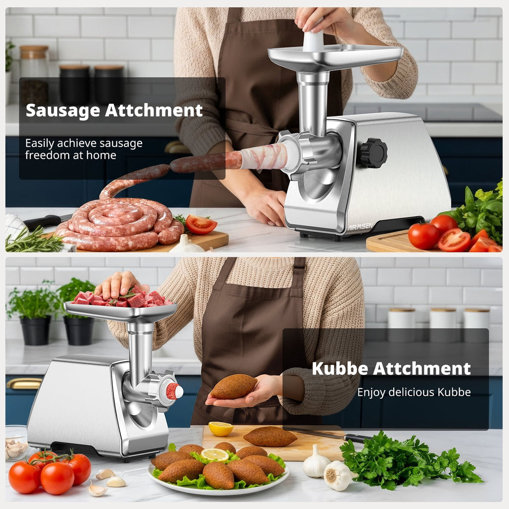 AIRMSEN Stainless Steel Meat Grinder, Electric 3 in 1 Meat Mincer with 2 Blades & 3 Plates, Sausage & Kubbe Maker Kit, Fixed Lock, Double Switch, Food Grinder for Home Kitchen Use