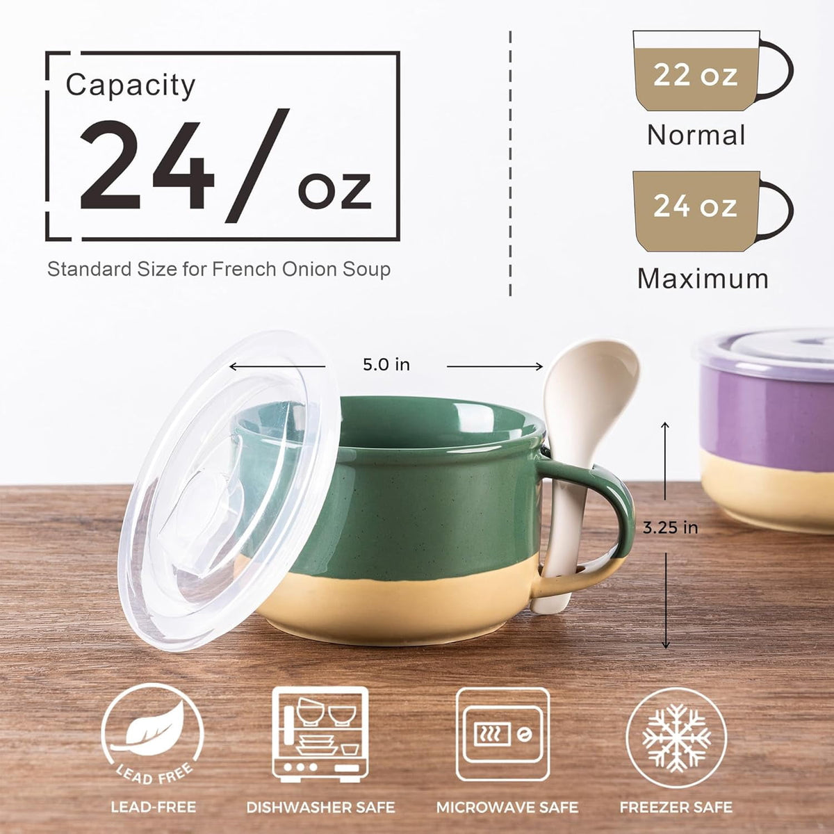 AmorArc Ceramic Soup Mugs with Handles and Lids,24 OZ Soup Cups Set of 2 with Terracotta Underside,Mug Bowls with Spoon for Soup/Cereal/Salad/Noodles/Ramen/Microware &Dishwasher Safe-White &Peach