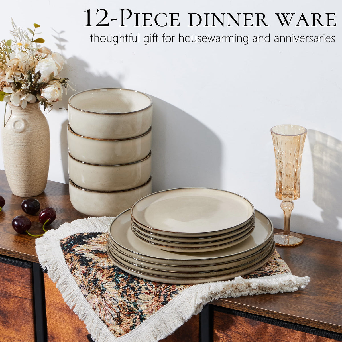 Vesteel Dinnerware Sets for 4, 12-Piece Stoneware Dish and Bowls Set, Handmade Reactive Glaze Coupe Plates Set for Family, Chip & Scratch Resistant - Matte Black