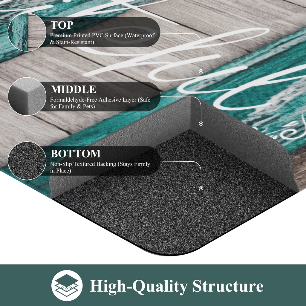 MeyJey Farmhouse Kitchen Rug Set of 2, Non-Slip Anti-Fatigue Waterproof Cushioned Mat for Kitchen, Dining & Laundry Room, 18"x30"+18"x48" Teal/Brown