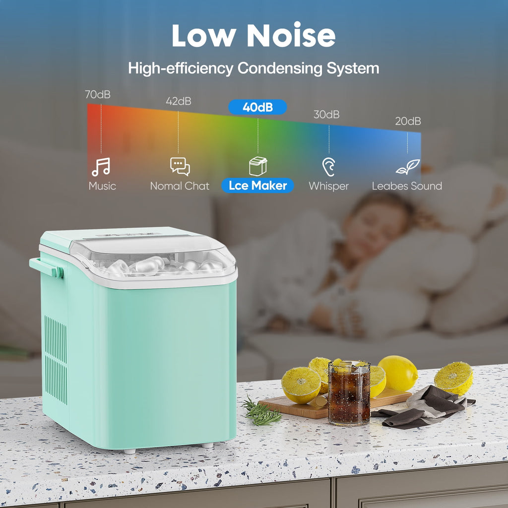 EDX Countertop Ice Maker, Self-Cleaning Portable Ice Maker Machine with Handle and Ice Scoop, Bullet Ice Cubes, 9Pcs/6Min 26.5Lbs/24H for Home/Kitchen/Bar/Party, Green