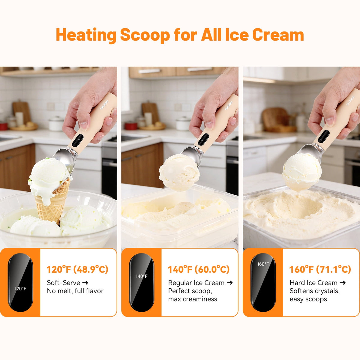 Heated Ice Cream Scoop Rapid Heating Food Grade Stainless Steel 3-Level Temperature Control Waterproof, Effortless Scooping for Seniors, Kids & Women