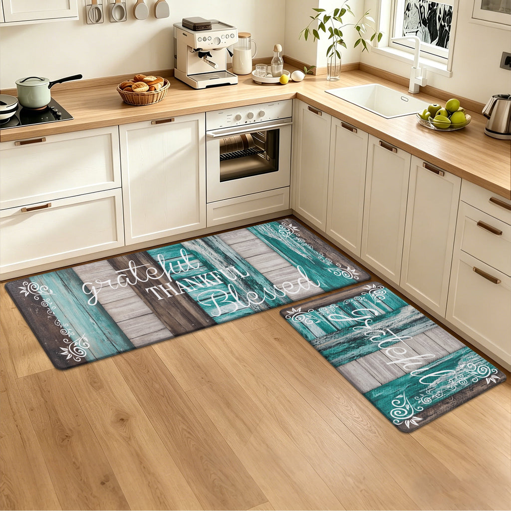 MeyJey Farmhouse Kitchen Rug Set of 2, Non-Slip Anti-Fatigue Waterproof Cushioned Mat for Kitchen, Dining & Laundry Room, 18"x30"+18"x48" Teal/Brown