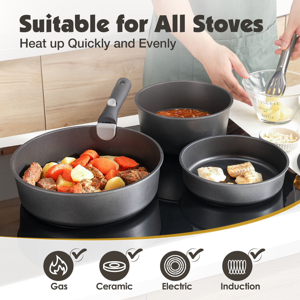 SENSARTE 18-Piece Ceramic Cookware Set with Detachable Handle, Gray Nonstick Pots and Pans Set, Induction Compatible, Dishwasher/Oven Safe, Healthy Cooking Set for RV & Camping