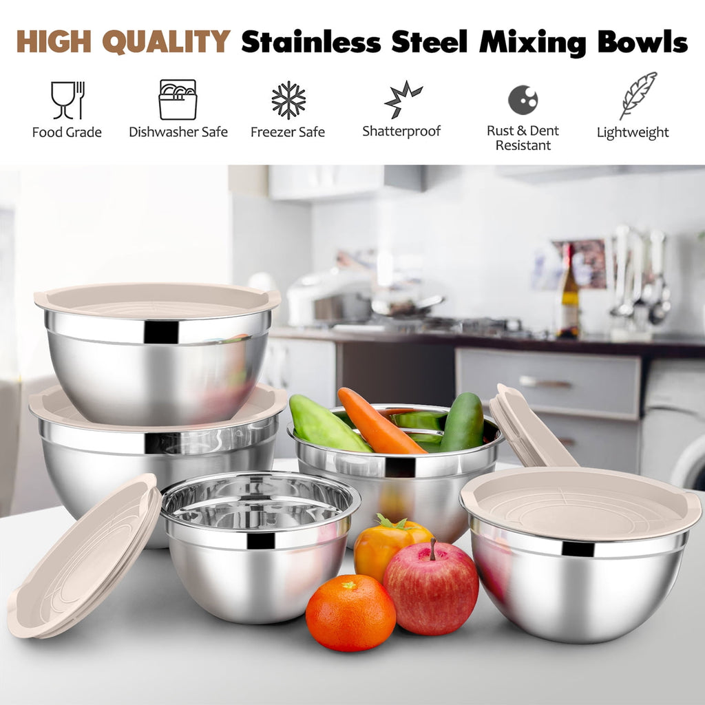 Mixing Bowls with Lids Set of 5, Vesteel Stainless Steel Mixing Bowls Metal Nesting Salad Bowls, Size 4.5, 3, 1.5, 1, 0.7 QT Great for Cooking, Baking, Serving - Multi-Color