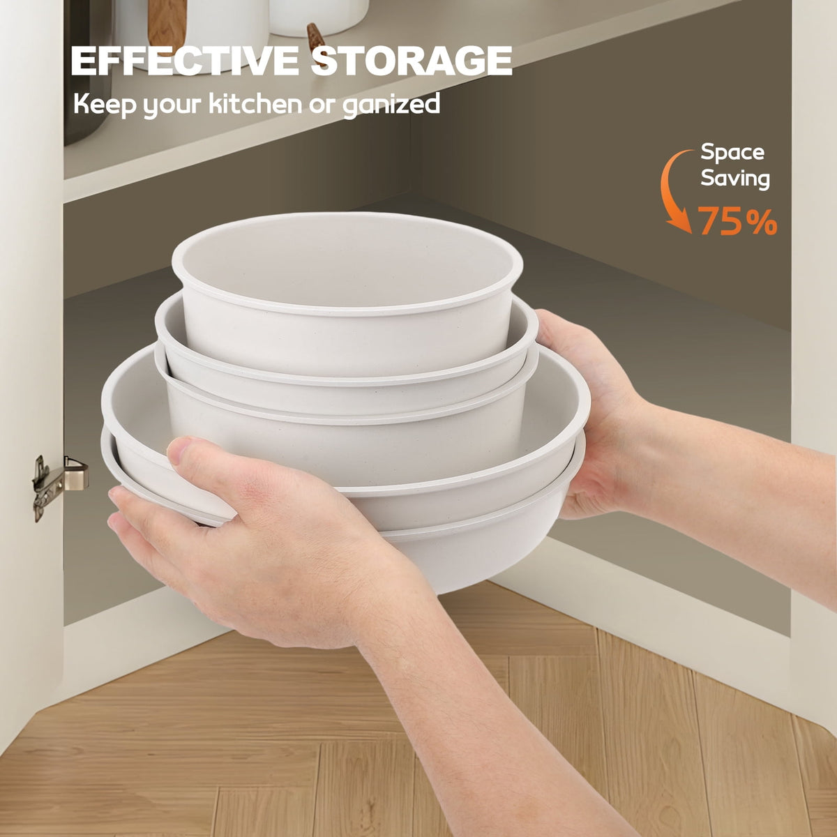 17 Piece Ceramic Pots and Pans Set Non Stick, Cookware Set with Detachable Handle, Oven Safe, Induction Ready, Stackable RV Kitchen Cooking Set Removable Handles, Cream White