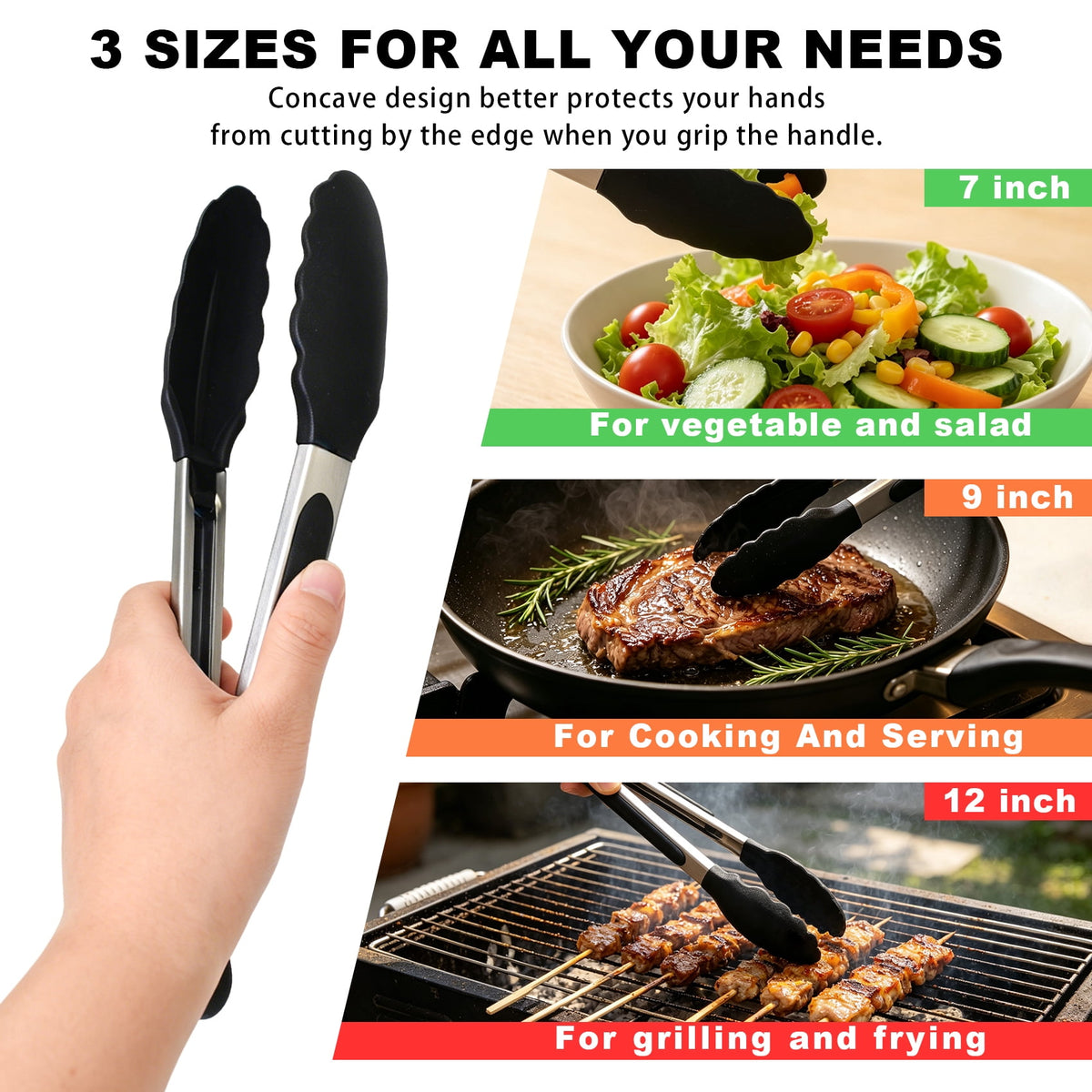Kitchen Tongs Set, 3 Pcs Heat Resistant Silicone Tipped Cooking Tongs, 7"/9"/12" Stainless Steel Locking Tongs for BBQ, Salad & Grilling