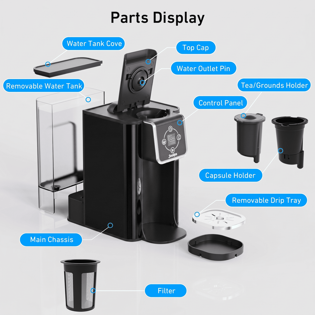 Jesslyn 3 in 1 Single Serve Coffee Maker: K Cup Coffee Machine Compatible with Grounds, Instant Coffee Pot, Tea Maker Brewer - Removable 50 oz Water Reservoir, 120V 1150W, Black