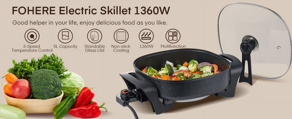 Electric Skillet, 12 inch Deep Non Stick Electric Skillet with Glass Cover, FOHERE Skillet for kicthen, 1360W, Black