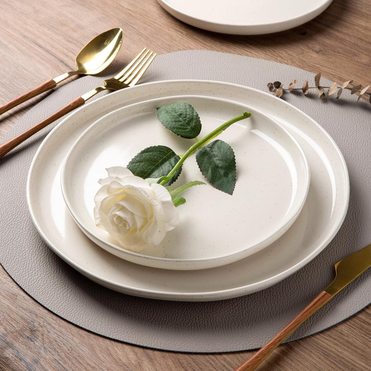 AmorArc Ceramic Dinnerware Sets for 4, 12 Pieces Handpainted Plates and Bowls Set with Rustic Terracotta Underside, Scratch Resistant Stoneware Dishes Set, Dishwasher & Microwave Safe,Light Beige