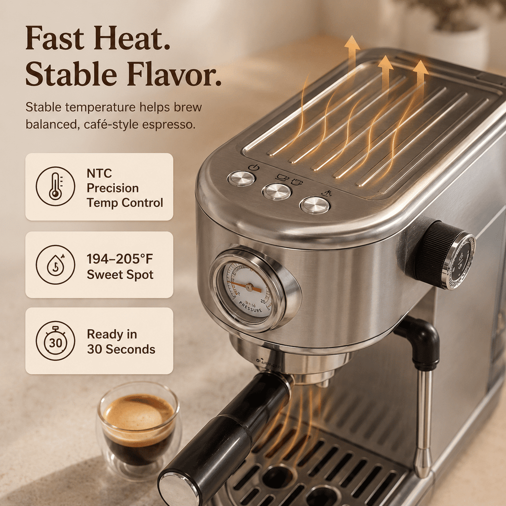 20 Bar Espresso Machine with Milk Frother, Steam Wand & Pressure Gauge, Amumu Compact Stainless Steel Coffee Maker for Cappuccino & Latte, Silver