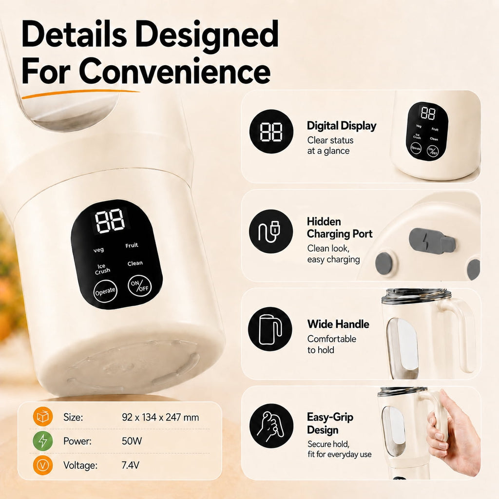 STARBIAO Portable Blender 19.6 oz Personal Juicer Cup, USB-C Rechargeable Mini Blender for Shakes & Smoothies, 12-Blade Stainless Steel, 4 Modes, Digital Display, Self-Cleaning, Beige