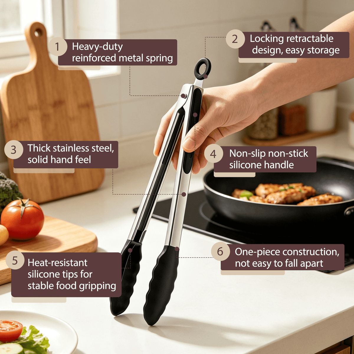 Non-stick black kitchen tongs with silicone tips, heat-resistant up to 480°F, 3-piece set (7“, 9”, 12"), featuring non-stick silicone tips and stainless steel handles. Ideal for cooking, serving, gri