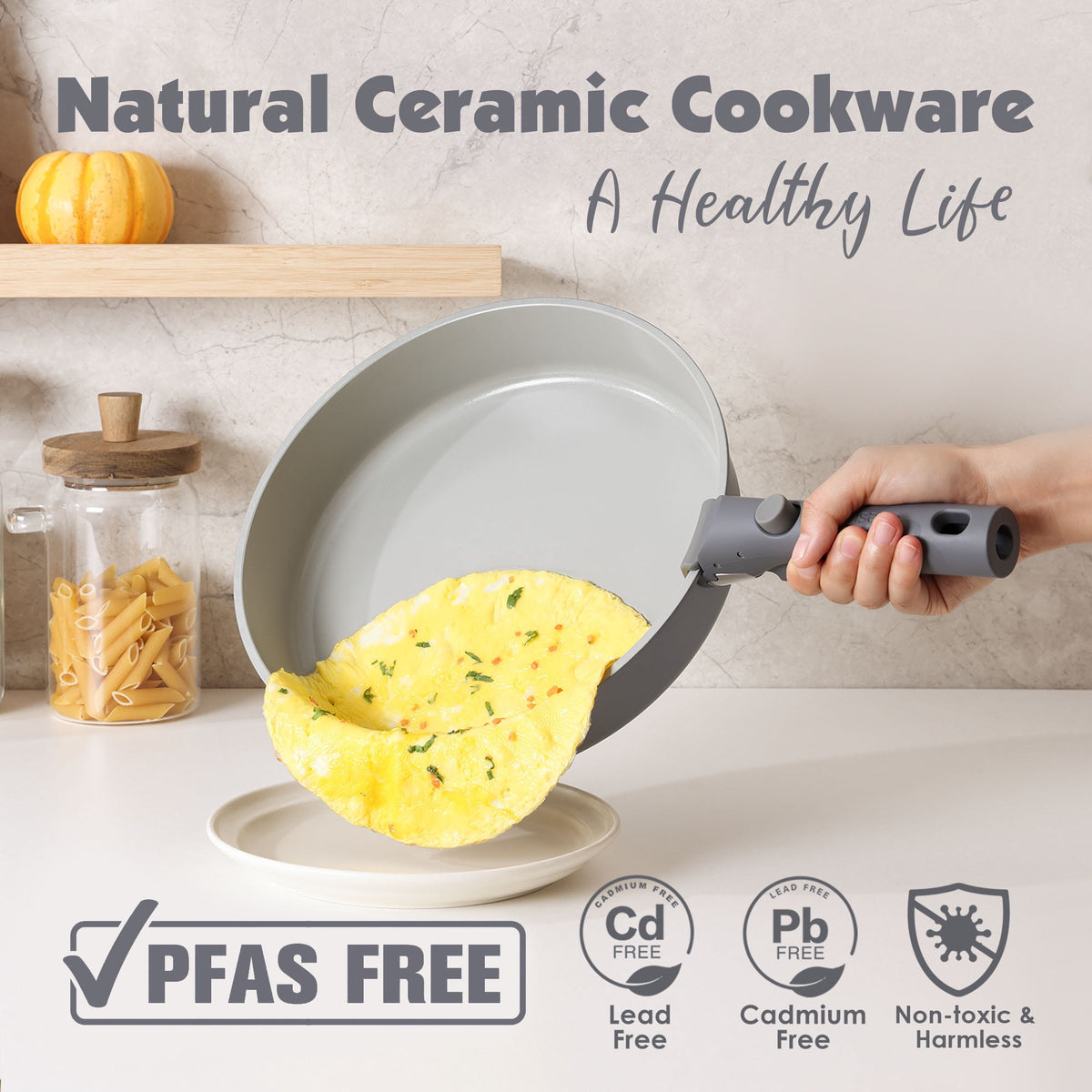 SENSARTE 18-Piece Ceramic Cookware Set with Detachable Handle, Gray Nonstick Pots and Pans Set, Induction Compatible, Dishwasher/Oven Safe, Healthy Cooking Set for RV & Camping