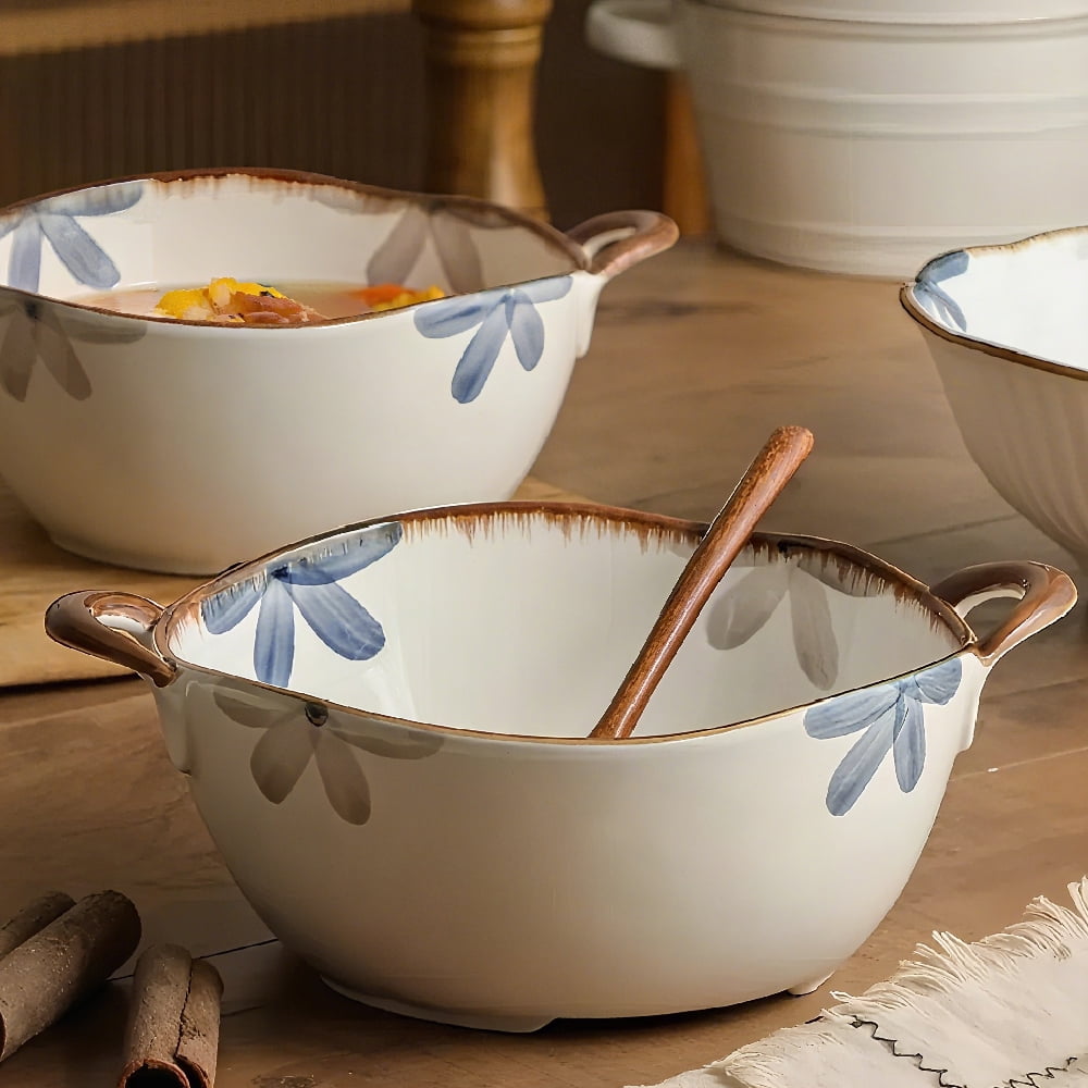 Large Salad Serving Bowl 50oz Deep Pasta Bowl Ceramic Soup Bowl with Handle for Entertaining Fruit Ramen,Decorative Cereal Crock Porcelain Dinnerware