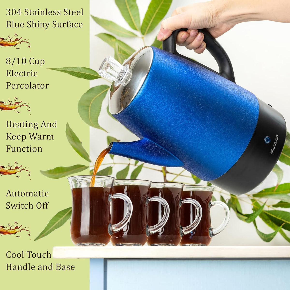 Mixpresso Percolator Coffee Pot Electric 10 Cup, Stainless Steel Coffee Maker, Coffee Percolator Electric With Keep Warm Function, 10 Cups Stainless Steel Perculator With Basket (Shiny Blue)