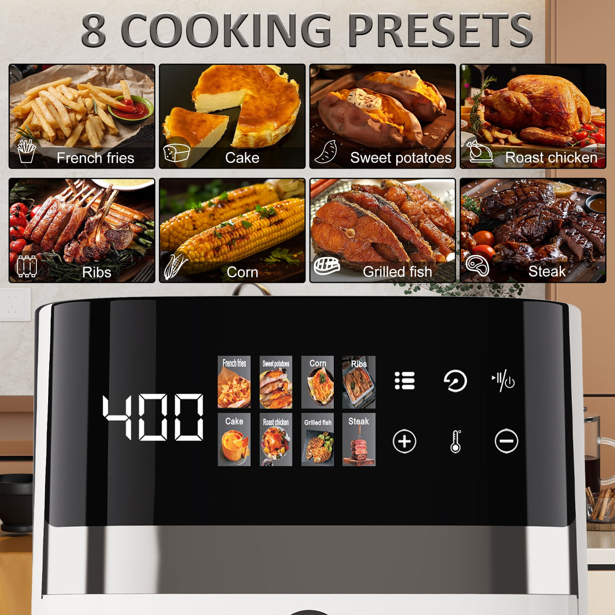 Bluebow 6QT Air Fryer, 8-in-1 Electric Hot Oven with Digital LED Touchscreen, Visible Window, 1500W, New, Black