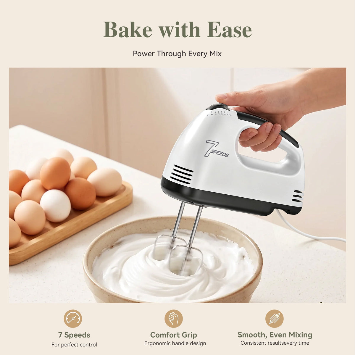 TINANA 7-Speed Electric Hand Mixer with 2 Beaters & 2 Dough Hooks, Eject Button, Ergonomic Grip, Compact White Kitchen Mixer