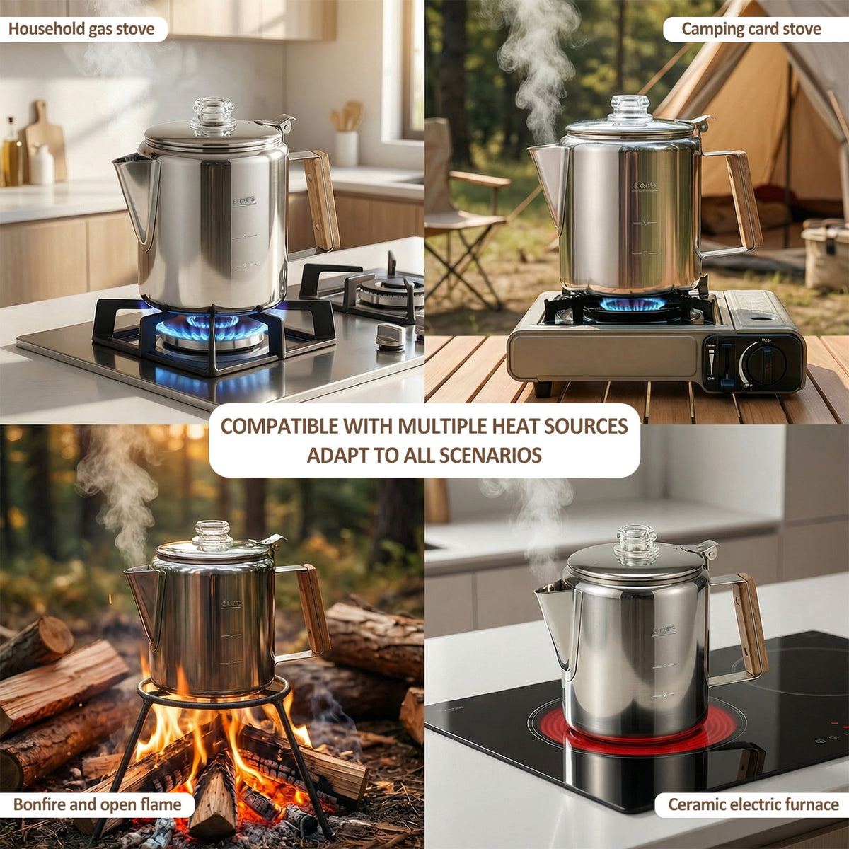 Jetcloudlive Stainless Steel Coffee Percolator 6-Cup Camping Coffee Pot with Glass Knob Portable Percolator Coffee Pot for Campfire or Stove Top Coffee Making