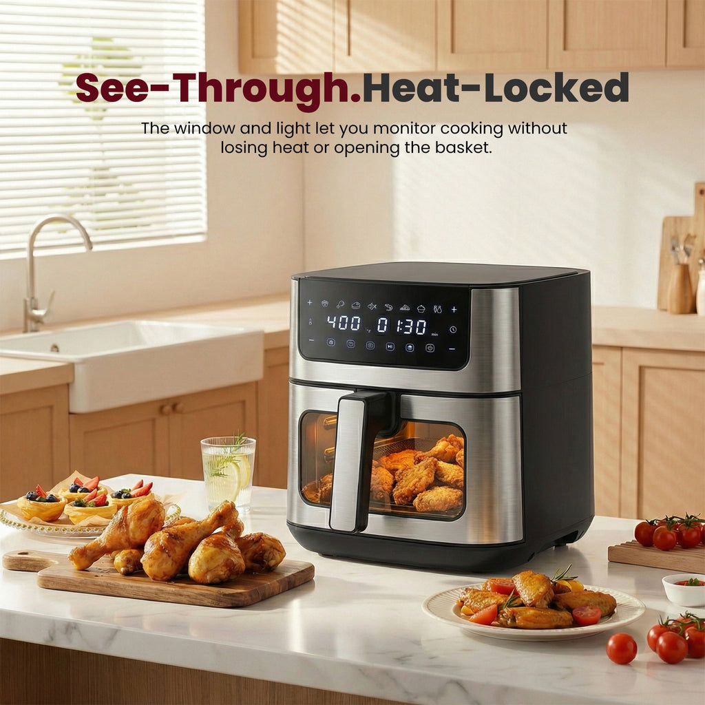 EDX 6QT Stainless Steel Air Fryer with Digital Touchscreen, 1500W, 8 Presets, Dishwasher Safe Basket, 90 Min Timer, 24H Delay Start, Gray