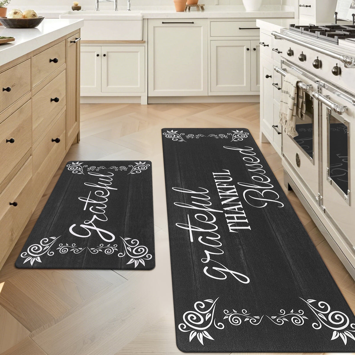 MeyJey Farmhouse Kitchen Rug Set of 2, Non-Slip Anti-Fatigue Waterproof Cushioned Mat for Kitchen, Dining & Laundry Room, 18"x30"+18"x48" Teal/Brown