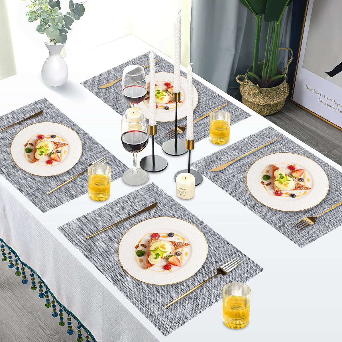 VCVCOO Navy Blue Placemats Set of 4 - Easy Clean Washable PVC Vinyl Placemats - Wipeable Heat Resistant Woven Table Mats for Dining Table - 12x18 inch