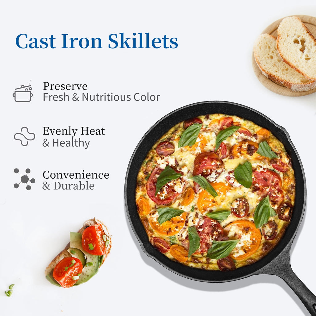 TINANA 12 inch Pre-Seasoned Cast Iron Skillet with Handle and Dual-Use Insulating Pad
