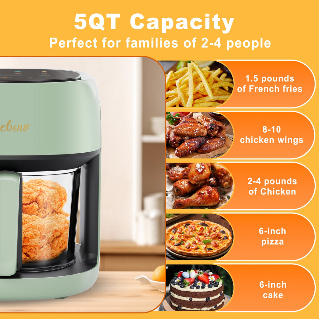 Bluebow 5 Quart Air Fryer with 360° Viewing Glass Pot, 8-in-1 Digital Touchscreen, Nonstick & Dishwasher Safe Basket, Less Oil, 1350W (White)