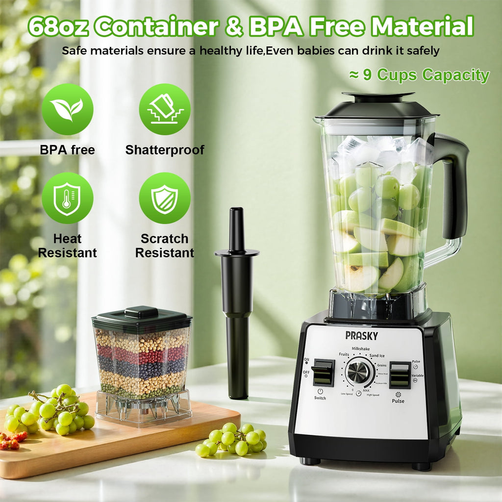 PRASKY Countertop Blender, 2-in-1 Professional Blender, 68oz Capacity 1000W 6 Speeds Blender for Kitchen with 25oz to-go Cup (Black)