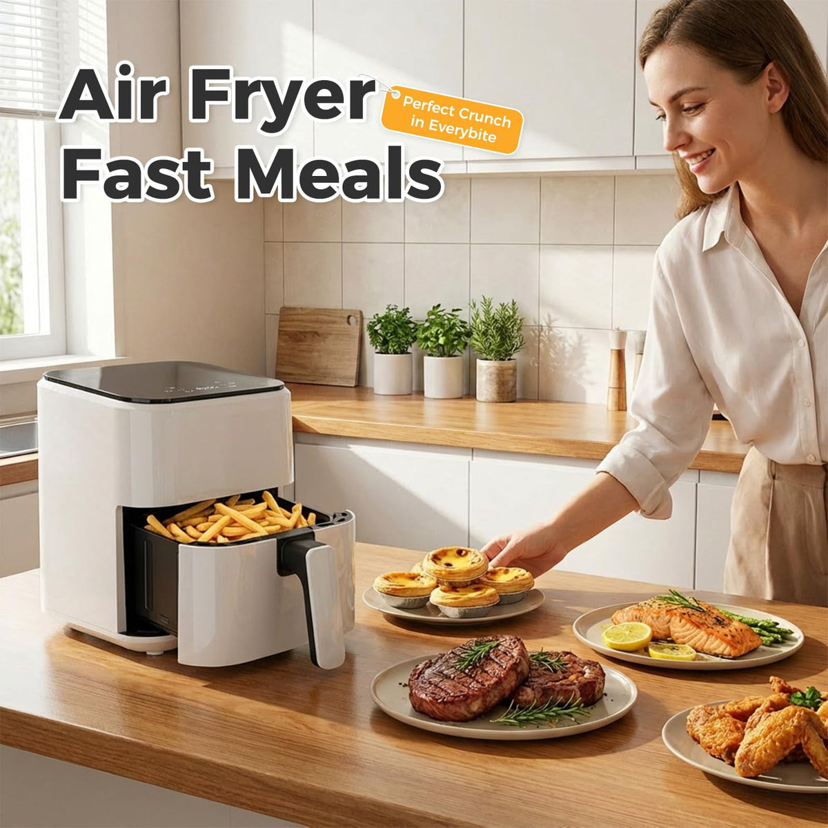 LIFERECORD 3QT Compact Air Fryer, Touch Panel, 800W, 160-400°F, Auto Shut-Off & Overheat Protection, White, for Single/Small Family