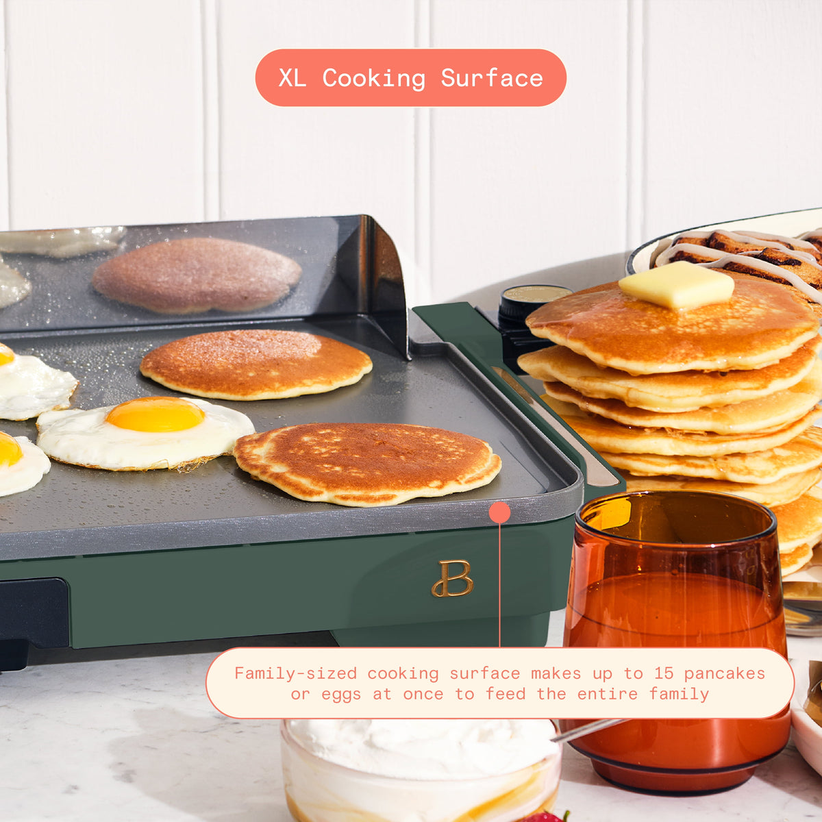 Beautiful XL Electric Griddle 12" x 22" with EverGood Ceramic Nonstick Coating, Thyme Green by Drew Barrymore